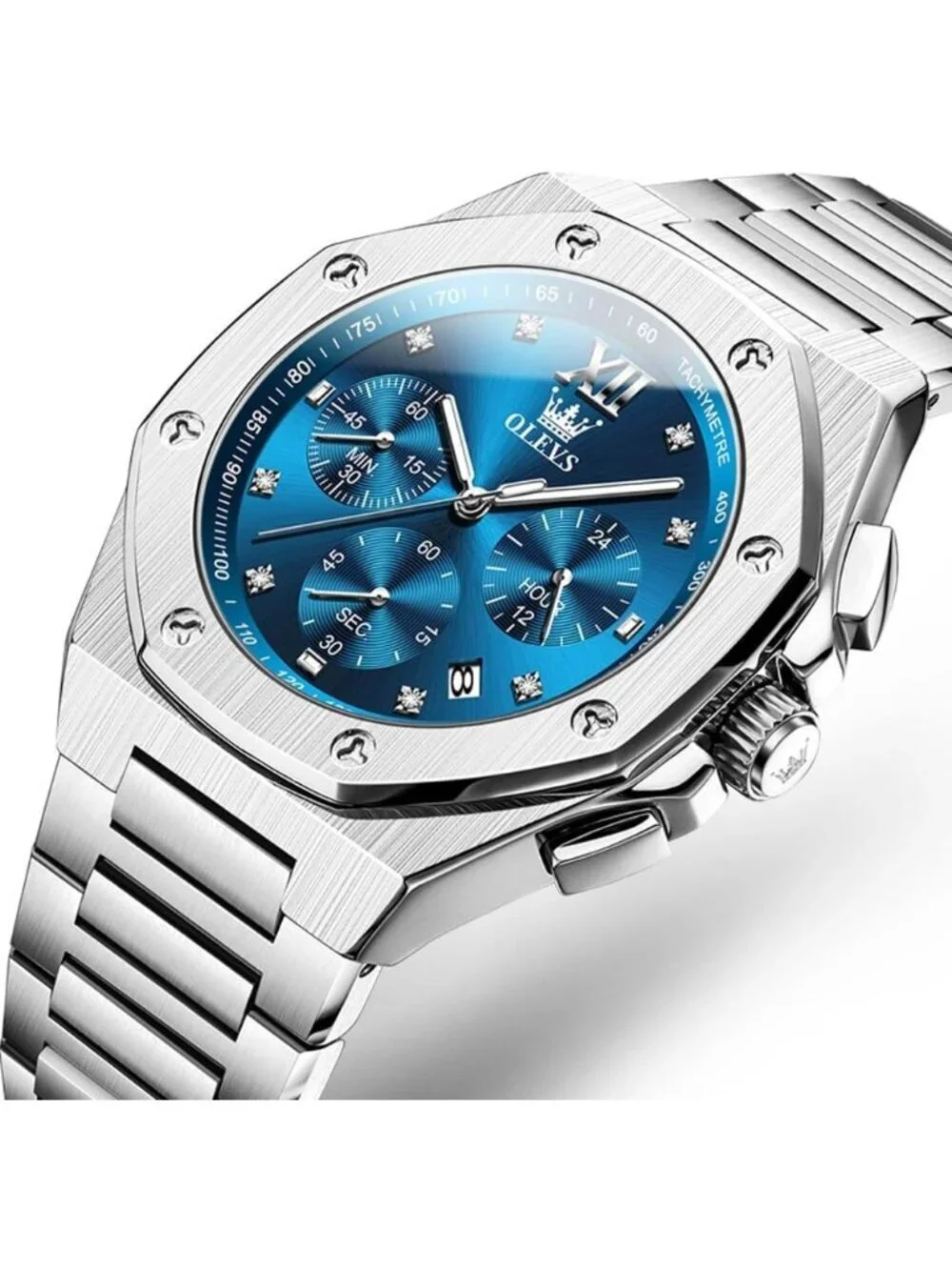 Men's Silver Blue Octagonal Luxury Stainless Steel Analog Large Face Wrist Watch